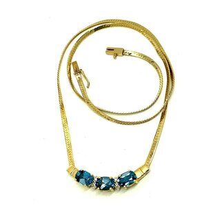 14K Yellow Gold Pendant Blue Topaz Diamond Women's Necklace Herringbone …